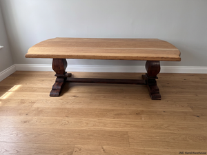 Two-Tone Wooden Trestle Dining Table — Visible Wear to Wood Surface