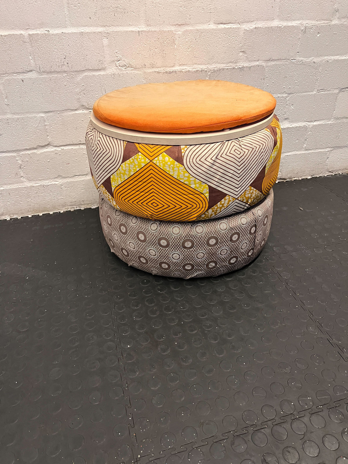 Unique Fabric and Wood Storage Ottoman - Colorful Patterns