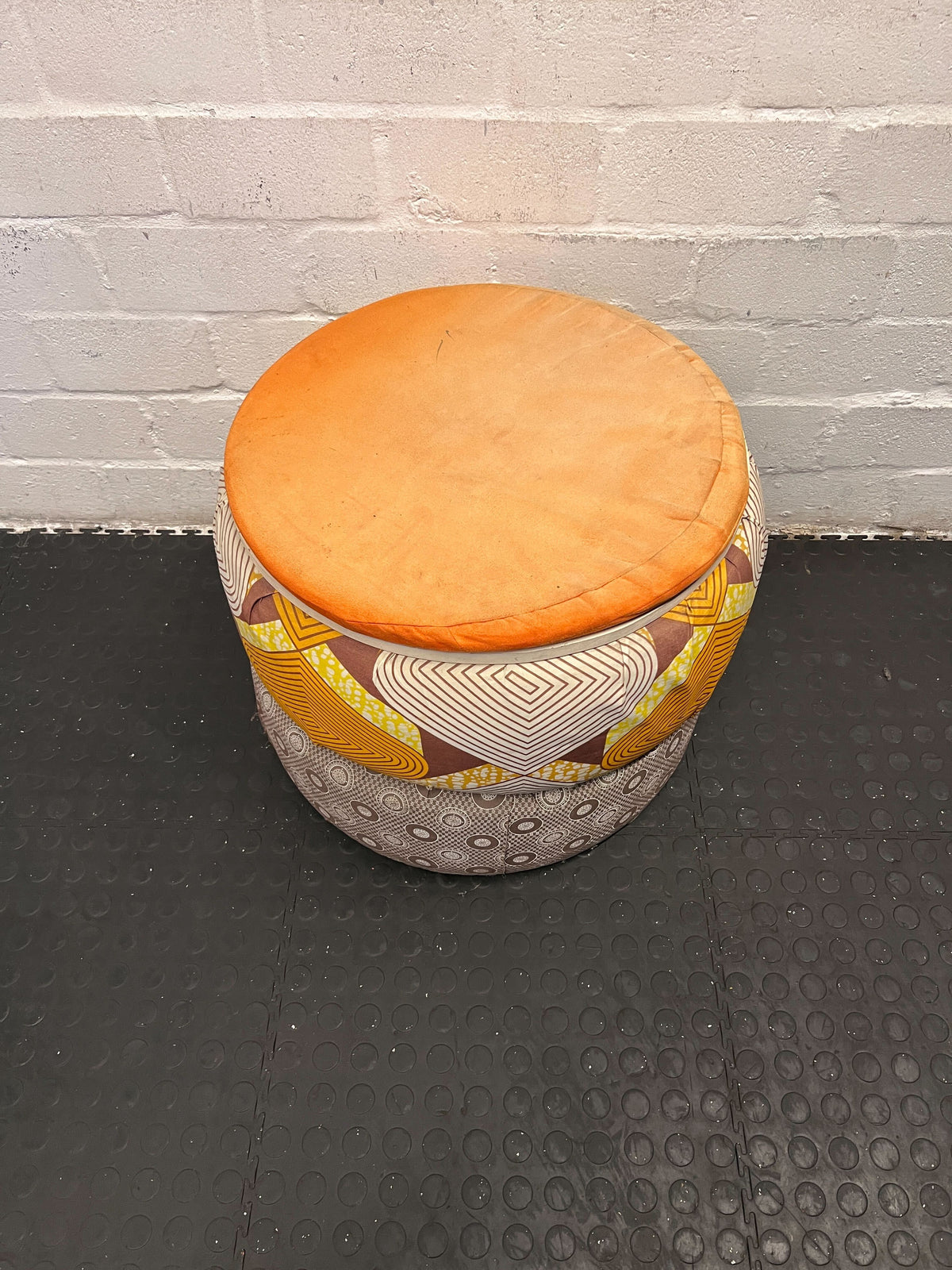 Unique Fabric and Wood Storage Ottoman - Colorful Patterns
