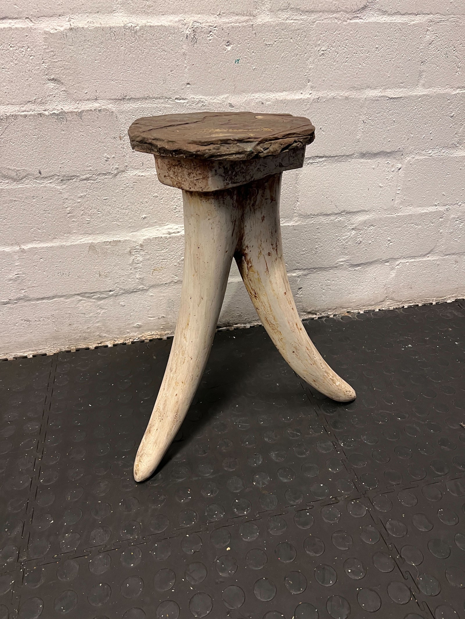 Unique Vintage Horn Leg Stool with Weathered Wood Top