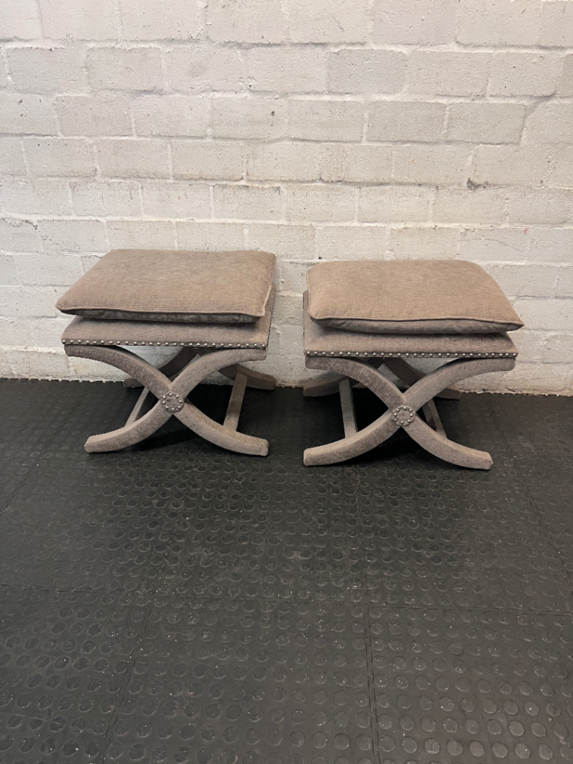 Upholstered X-Frame Ottoman with Nickel Stud Details — Tear and Marker Stains on Top Surface - 2ndhandwarehouse.com