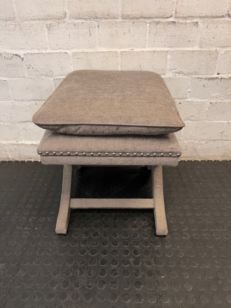 Upholstered X-Frame Ottoman with Nickel Stud Details — Tear and Marker Stains on Top Surface - 2ndhandwarehouse.com