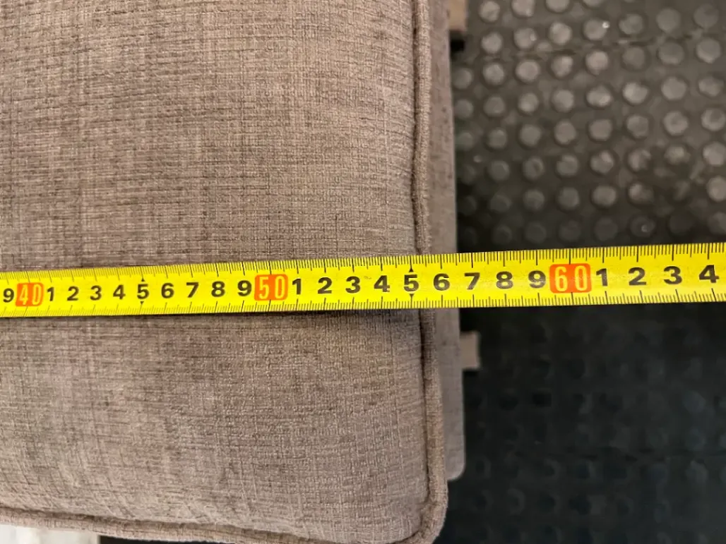 Upholstered X-Frame Ottoman with Nickel Stud Details — Tear and Marker Stains on Top Surface - 2ndhandwarehouse.com