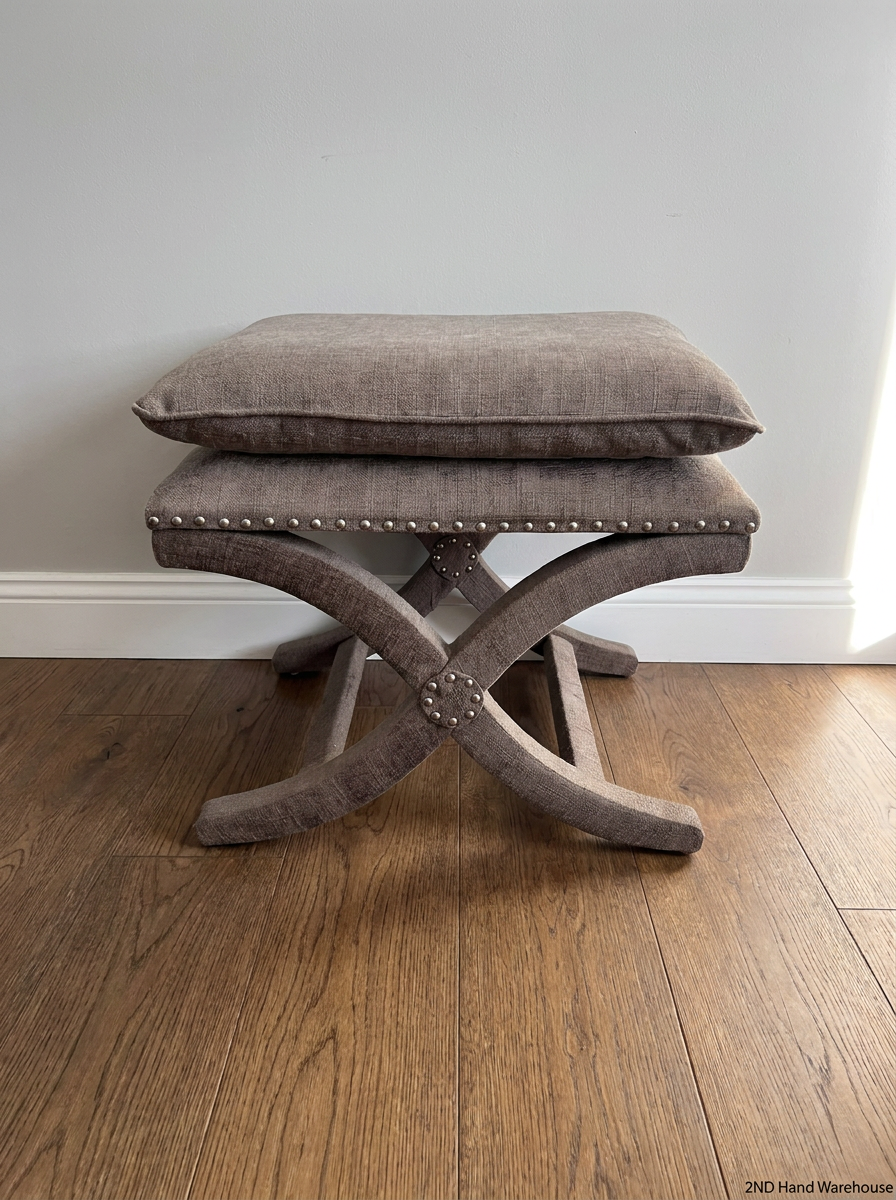 Upholstered X-Frame Ottoman with Nickel Stud Details — Tear and Marker Stains on Top Surface - 2ndhandwarehouse.com
