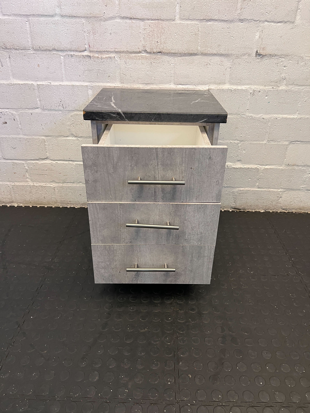 Versatile Grey Wood-Style Nightstand with Black Marble Top - 2ndhandwarehouse.com