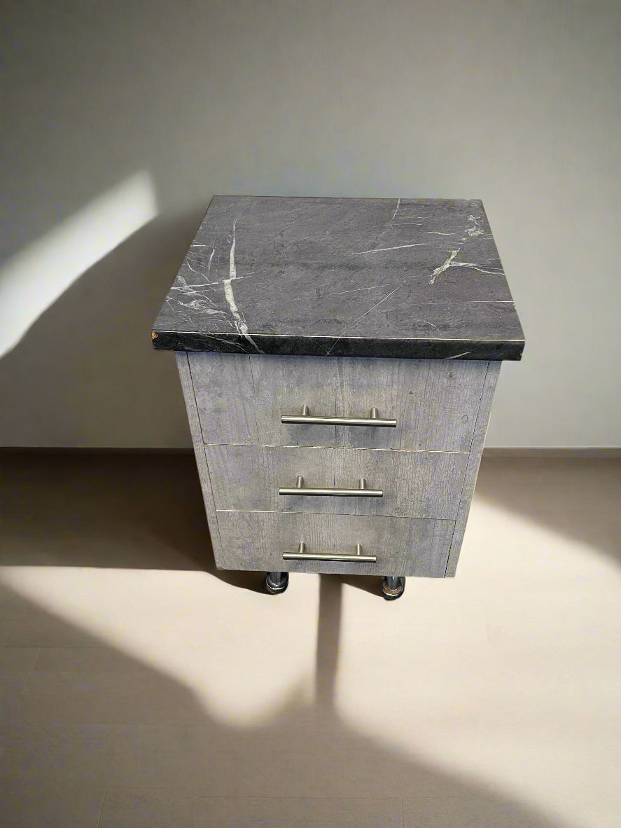 Versatile Grey Wood-Style Nightstand with Black Marble Top