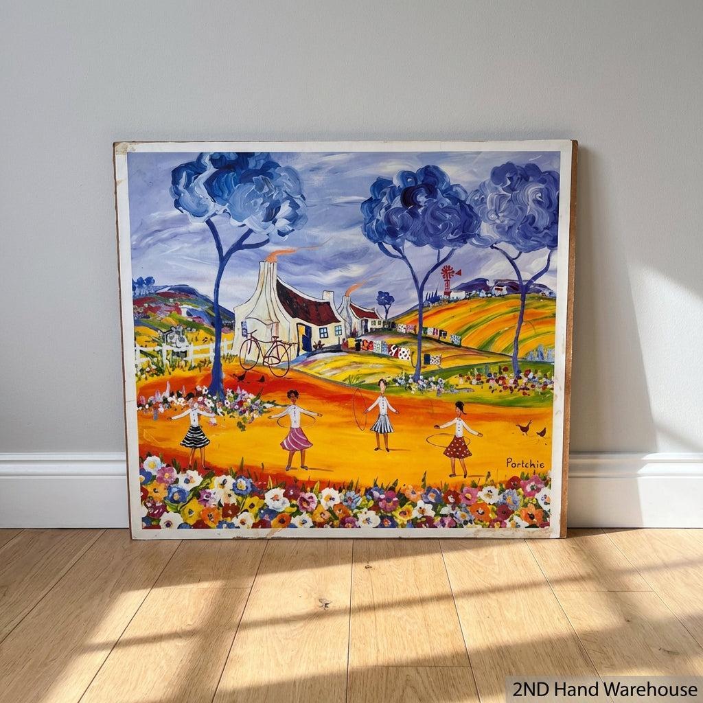Vibrant Folk Art Rural Scene Painting - Children Playing by "Portchie" - 2ndhandwarehouse.com