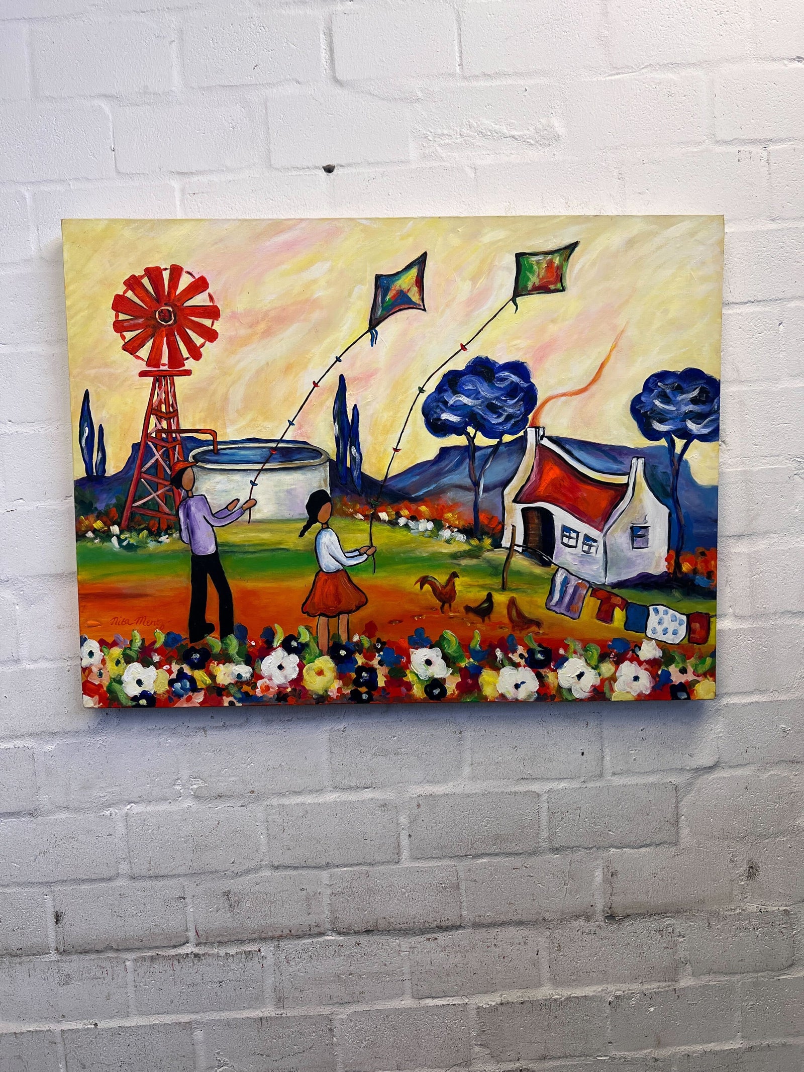 Vibrant Hand-Painted Canvas Art - Family Kites Scene - Nina Mentz 102 x 75cm