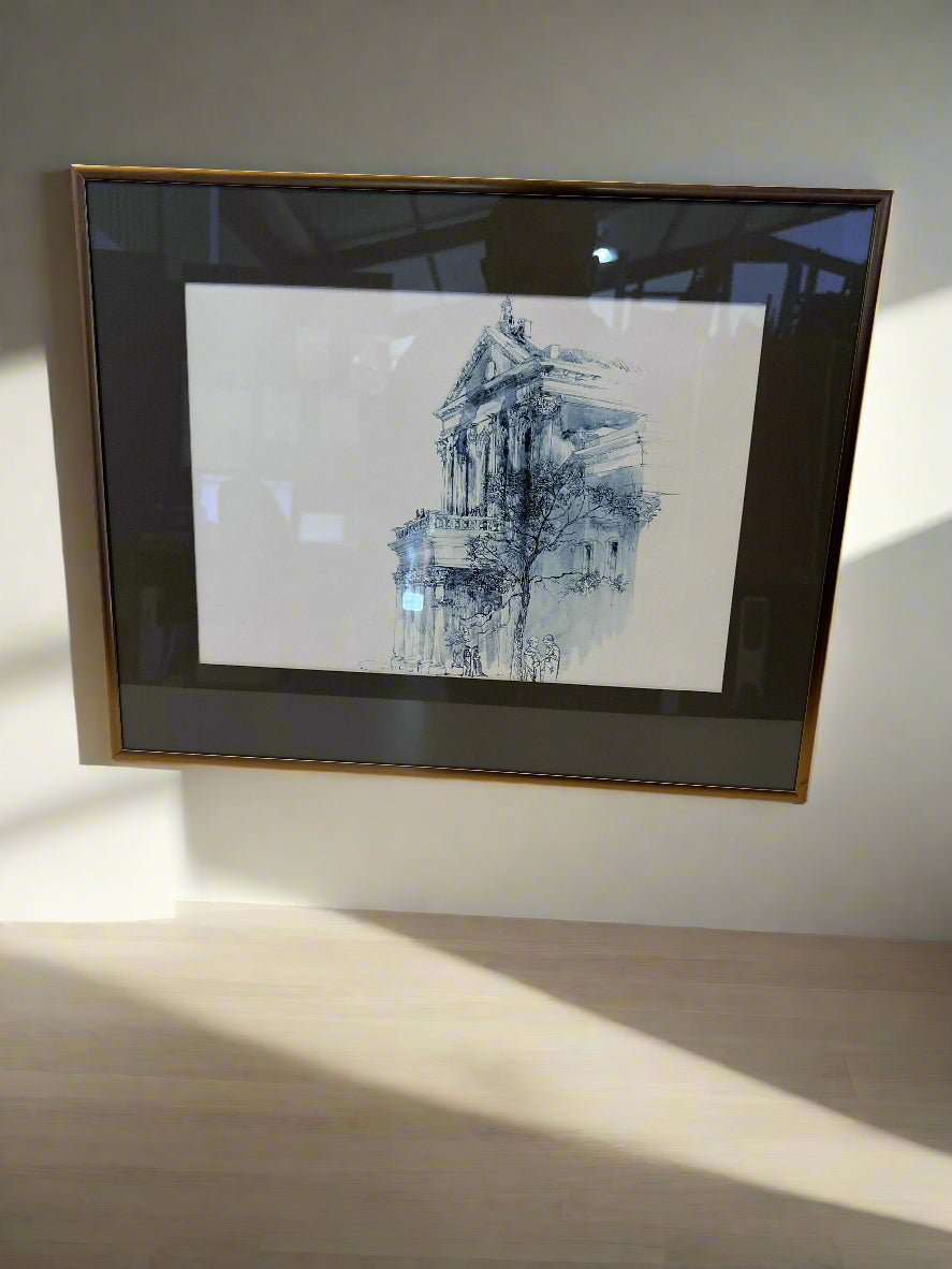 Vintage Blue Sketch Framed Artwork with Gold Trim