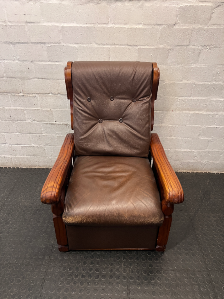 Vintage Brown Vinyl Armchair with Wooden Armrests — Significant Wear and Scratching on Front Edges