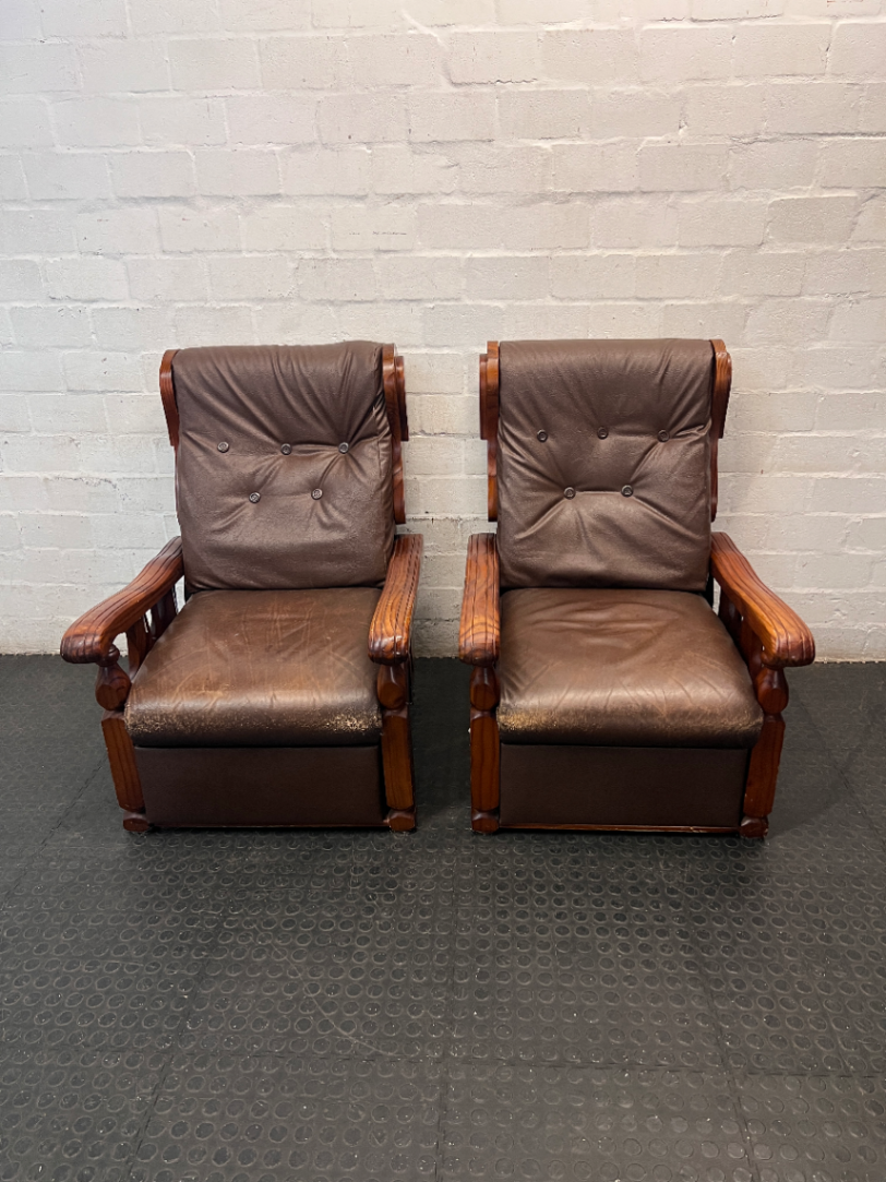 Vintage Brown Vinyl Armchair with Wooden Armrests — Significant Wear and Scratching on Front Edges