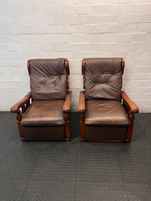 Vintage Brown Vinyl Armchair with Wooden Armrests — Significant Wear and Scratching on Front Edges