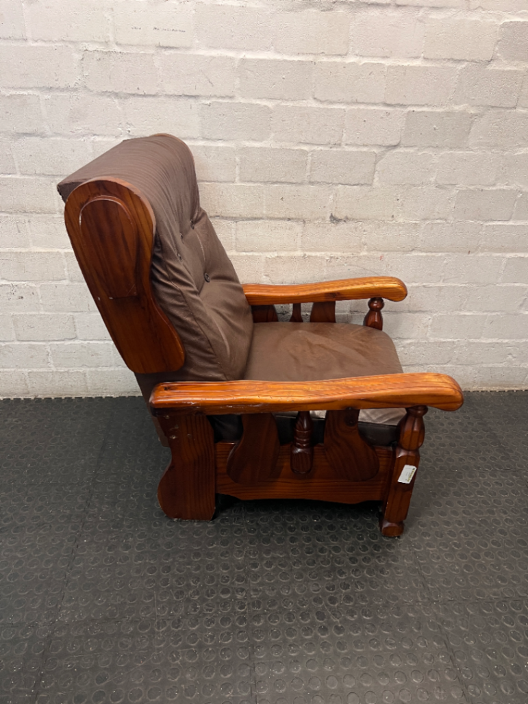 Vintage Brown Vinyl Armchair with Wooden Armrests — Significant Wear and Scratching on Front Edges