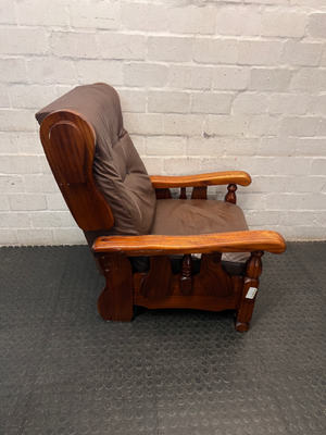 Vintage Brown Vinyl Armchair with Wooden Armrests — Significant Wear and Scratching on Front Edges
