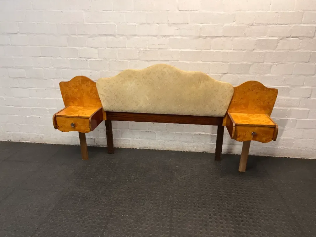 Vintage Burl Wood Headboard with Built-in Pedestals — Missing Side Drawer Leg