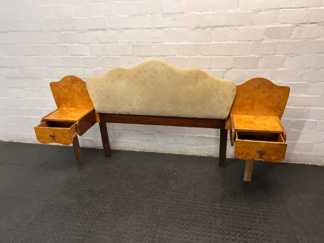 Vintage Burl Wood Headboard with Built-in Pedestals — Missing Side Drawer Leg