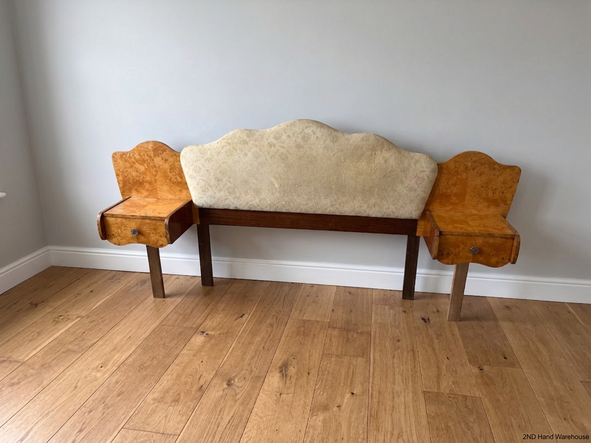 Vintage Burl Wood Headboard with Built-in Pedestals — Missing Side Drawer Leg