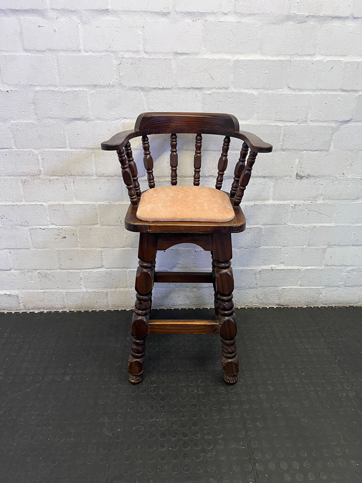 Vintage Captain's Style Wooden Bar Stool with Upholstered Seat