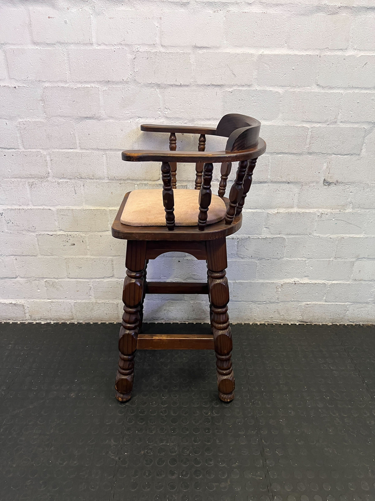 Vintage Captain's Style Wooden Bar Stool with Upholstered Seat