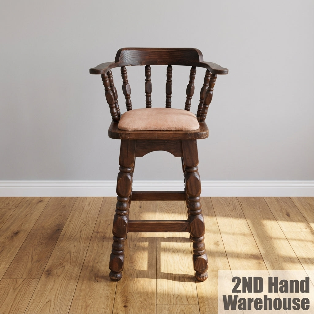 Vintage Captain's Style Wooden Bar Stool with Upholstered Seat
