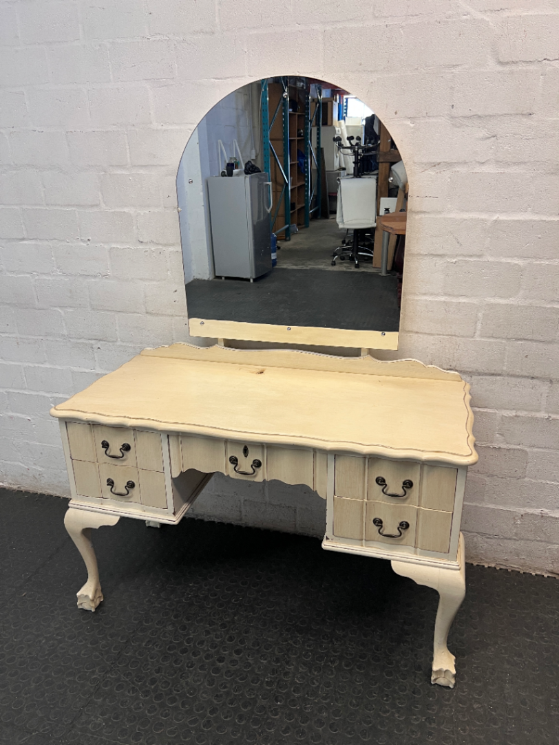 Vintage Cream Wooden Dressing Table with Arched Mirror — Structurally Good with Cosmetic Damage