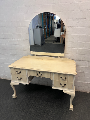 Vintage Cream Wooden Dressing Table with Arched Mirror — Structurally Good with Cosmetic Damage