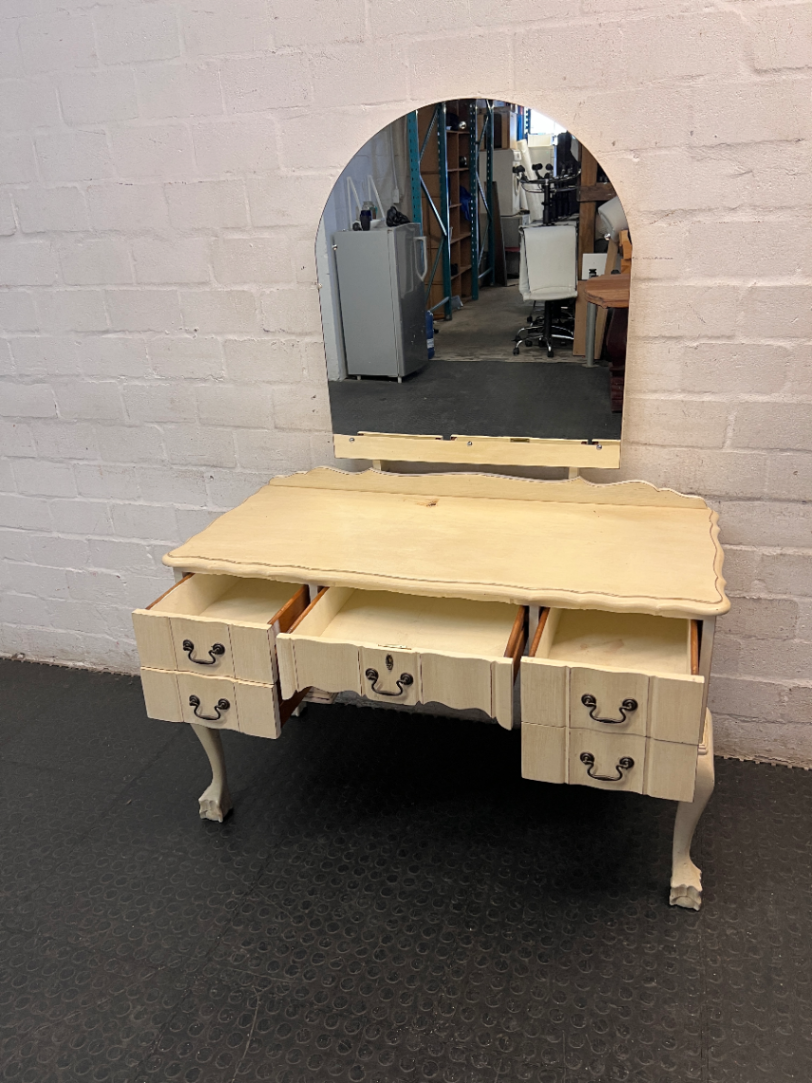Vintage Cream Wooden Dressing Table with Arched Mirror — Structurally Good with Cosmetic Damage