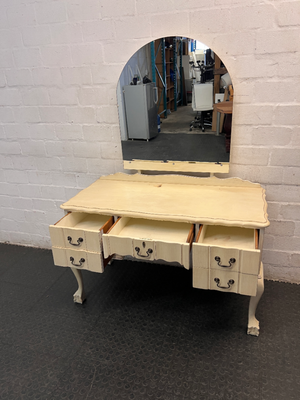 Vintage Cream Wooden Dressing Table with Arched Mirror — Structurally Good with Cosmetic Damage