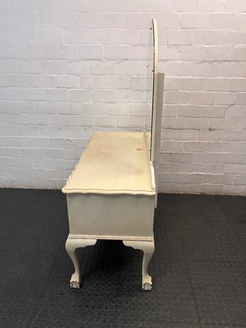 Vintage Cream Wooden Dressing Table with Arched Mirror — Structurally Good with Cosmetic Damage