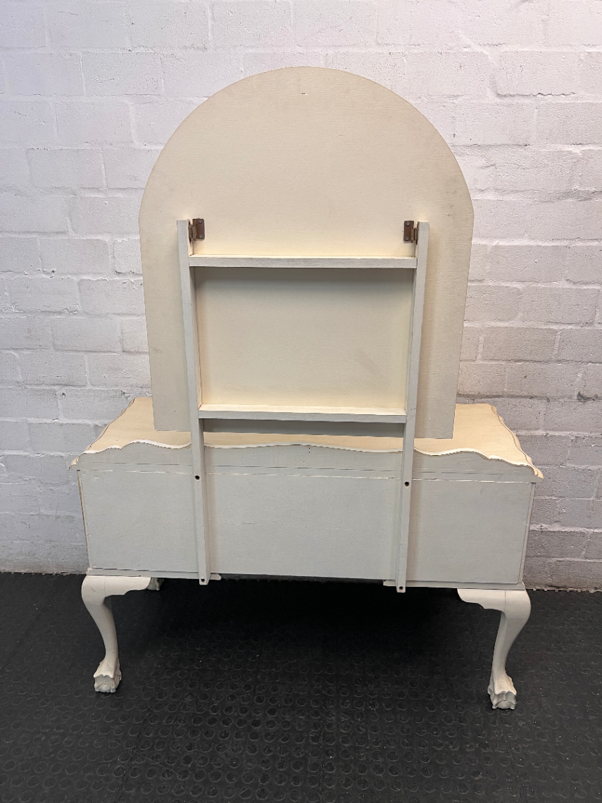 Vintage Cream Wooden Dressing Table with Arched Mirror — Structurally Good with Cosmetic Damage