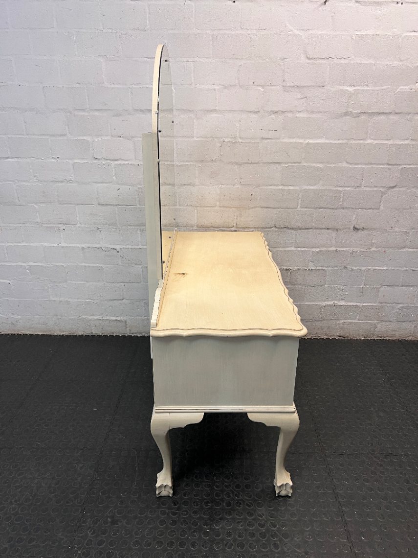 Vintage Cream Wooden Dressing Table with Arched Mirror — Structurally Good with Cosmetic Damage