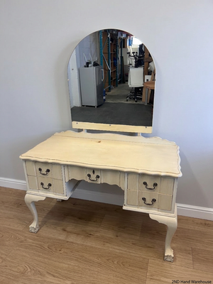 Vintage Cream Wooden Dressing Table with Arched Mirror — Structurally Good with Cosmetic Damage