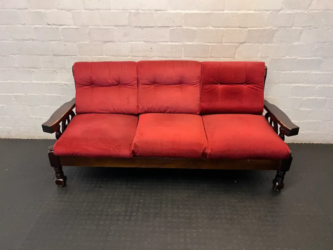Vintage Dark Wood 3-Seater Sofa in Red - Wear on Armrests - 2ndhandwarehouse.com