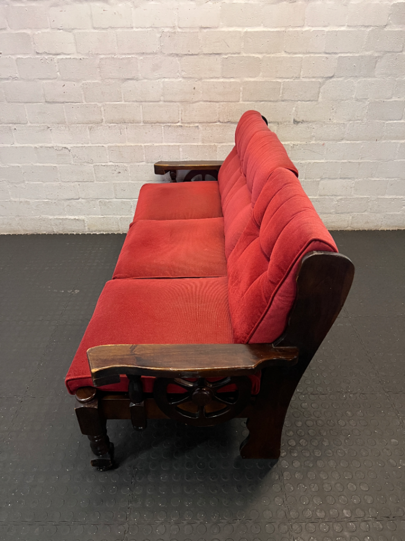 Vintage Dark Wood 3-Seater Sofa in Red - Wear on Armrests - 2ndhandwarehouse.com