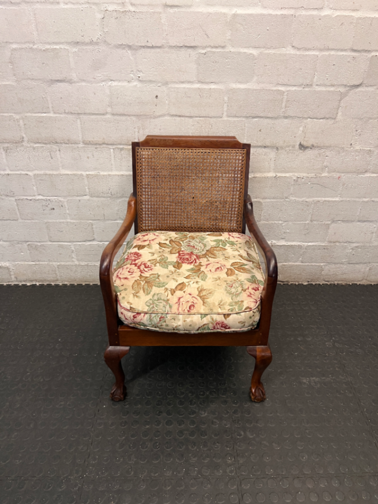 Vintage Dark Wood Lounge Chair with Cane Backrest — Fair Used Condition