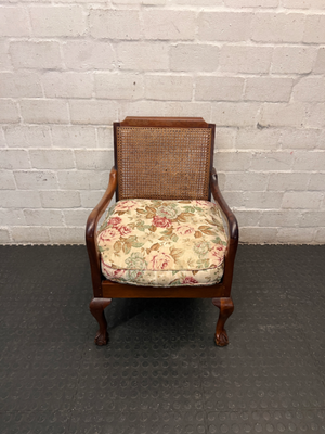 Vintage Dark Wood Lounge Chair with Cane Backrest — Fair Used Condition