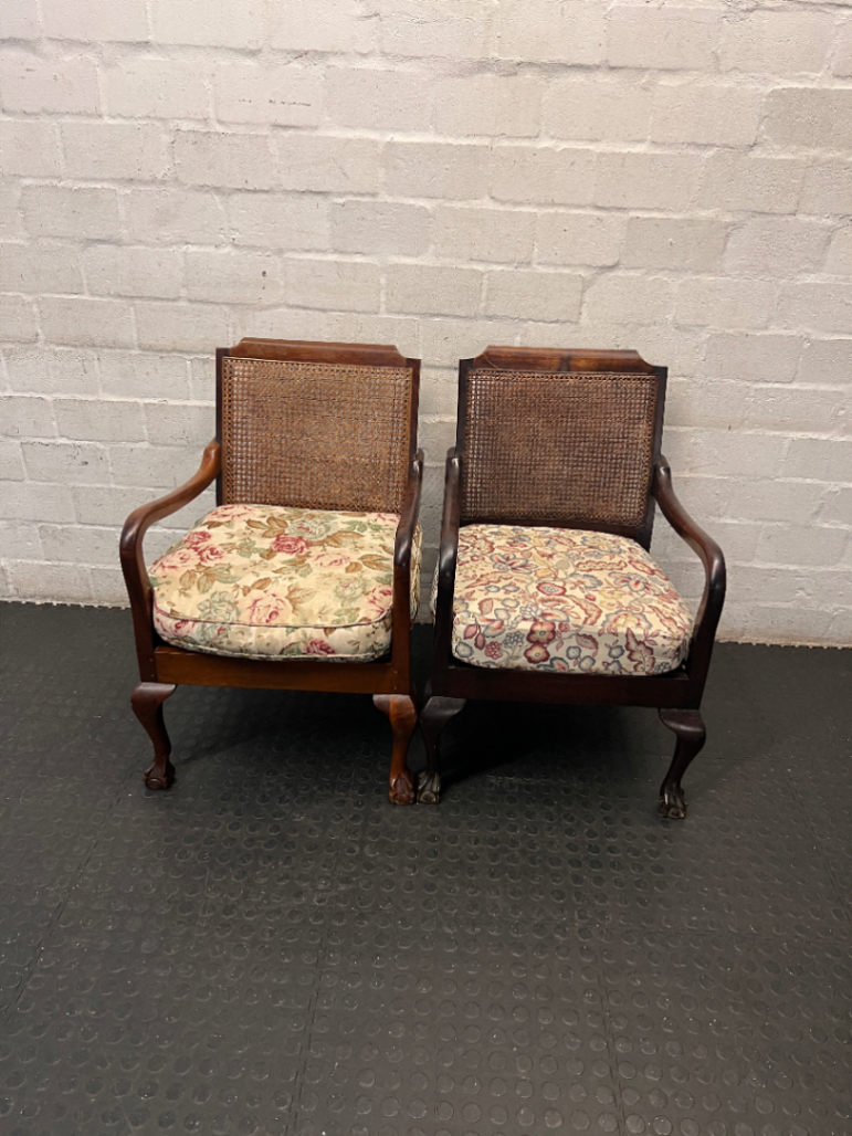 Vintage Dark Wood Lounge Chair with Cane Backrest — Fair Used Condition