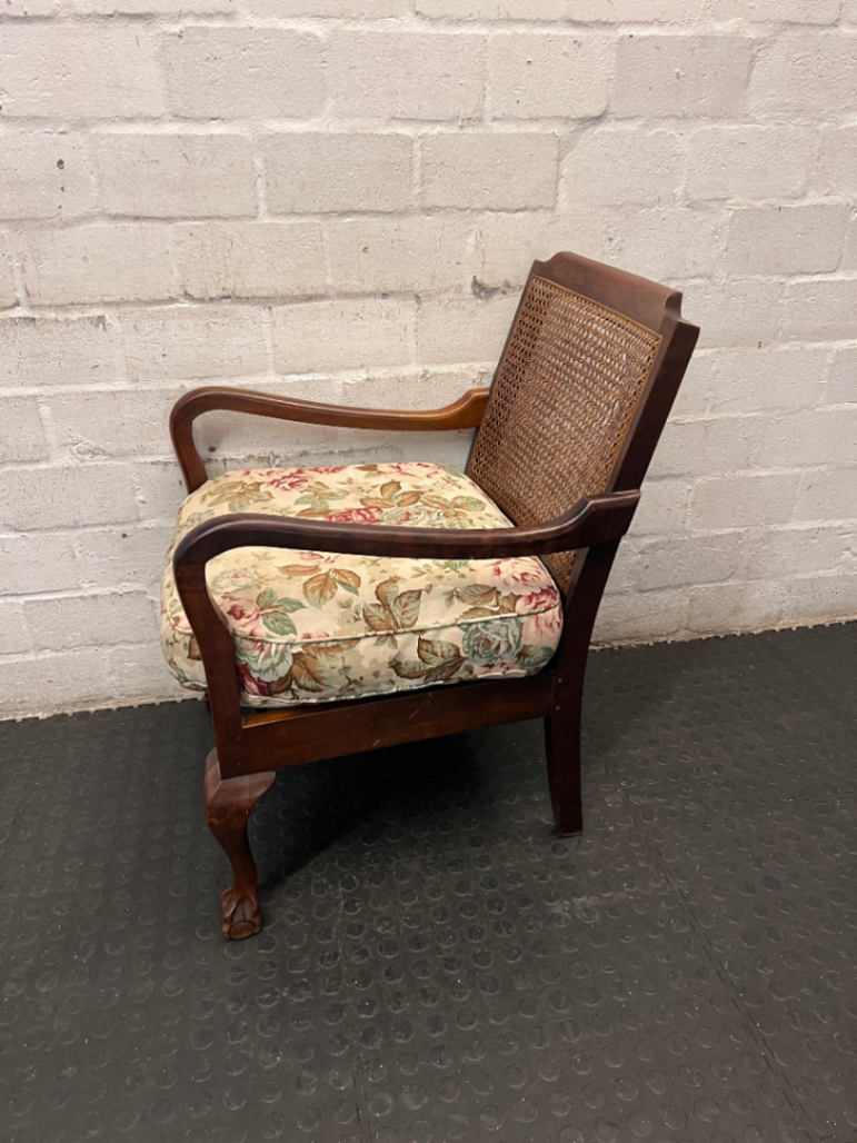 Vintage Dark Wood Lounge Chair with Cane Backrest — Fair Used Condition