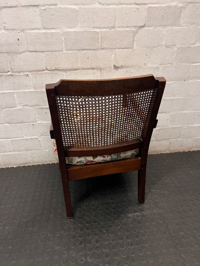 Vintage Dark Wood Lounge Chair with Cane Backrest — Fair Used Condition