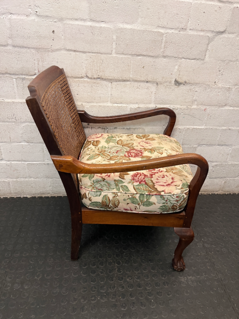 Vintage Dark Wood Lounge Chair with Cane Backrest — Fair Used Condition