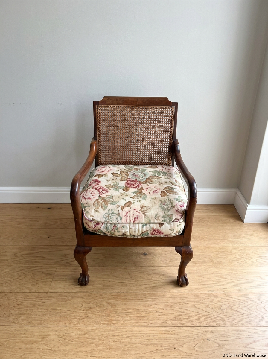 Vintage Dark Wood Lounge Chair with Cane Backrest — Fair Used Condition