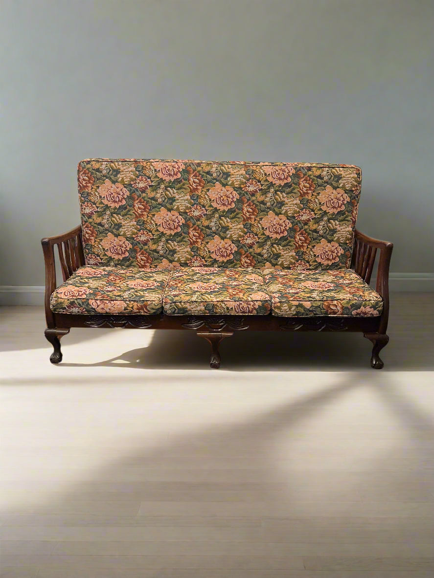 Vintage Floral 3-Seater Couch with Solid Wood Frame