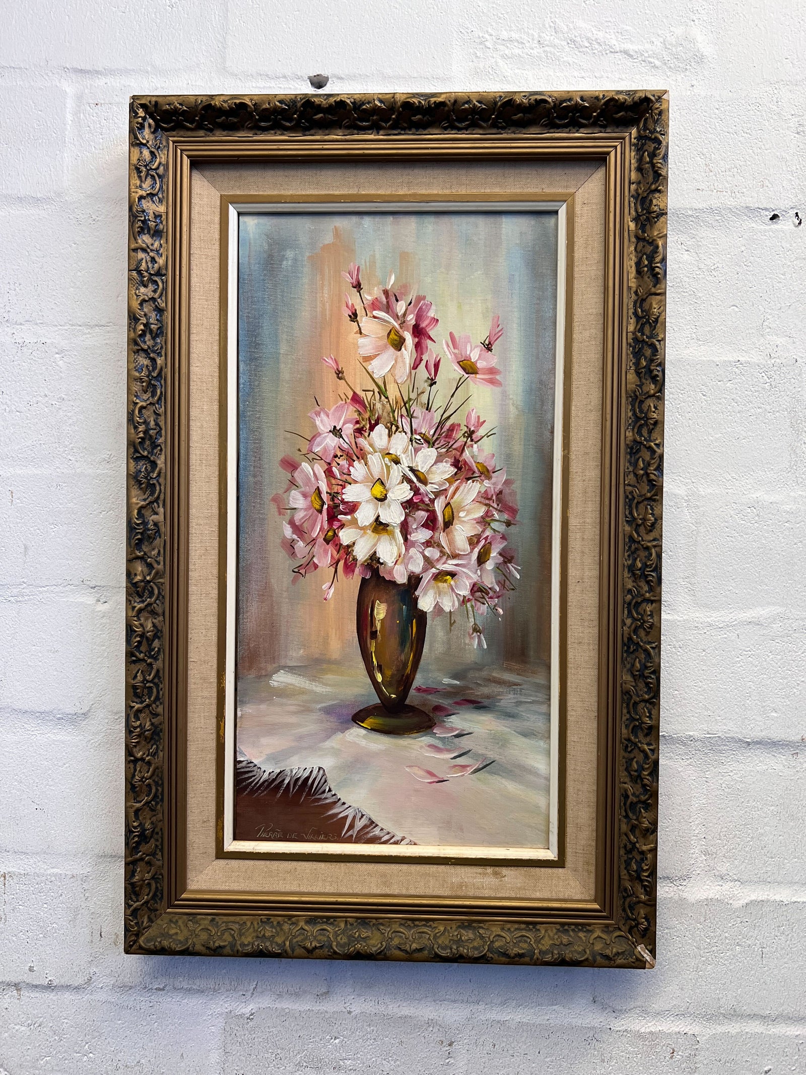 Vintage Framed Floral Painting - Elegant Gold Frame - Pierre De Villiers 80 x 50cm