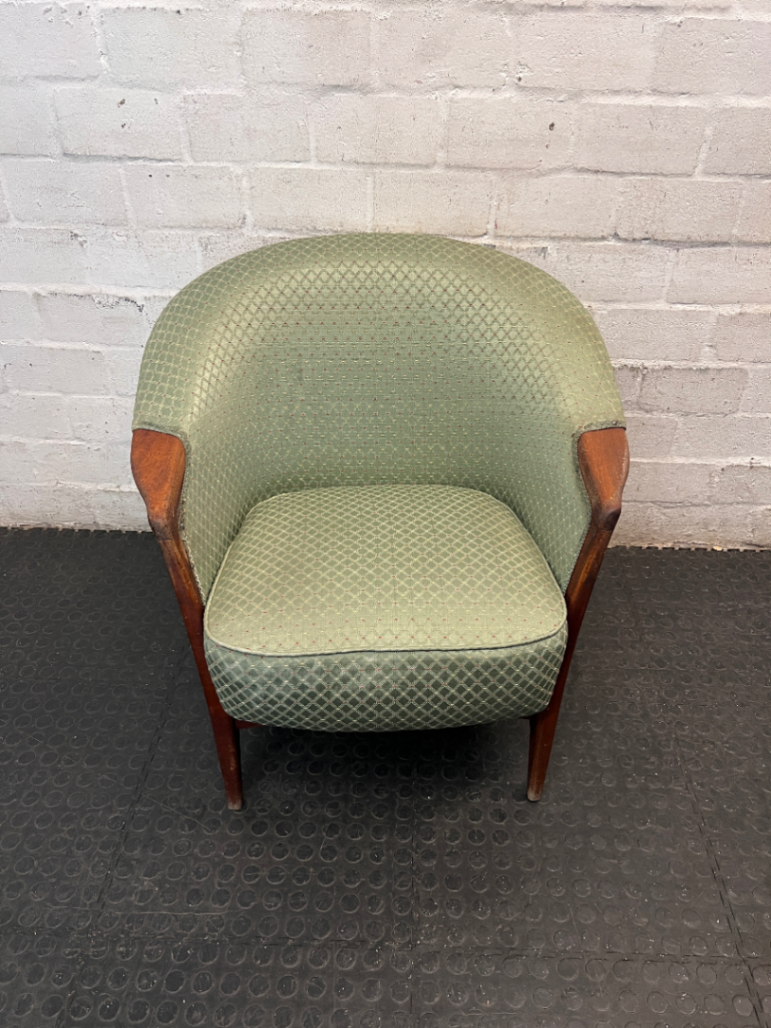Vintage Green Patterned Tub Armchair with Wooden Frame — Good Condition Antique Suite