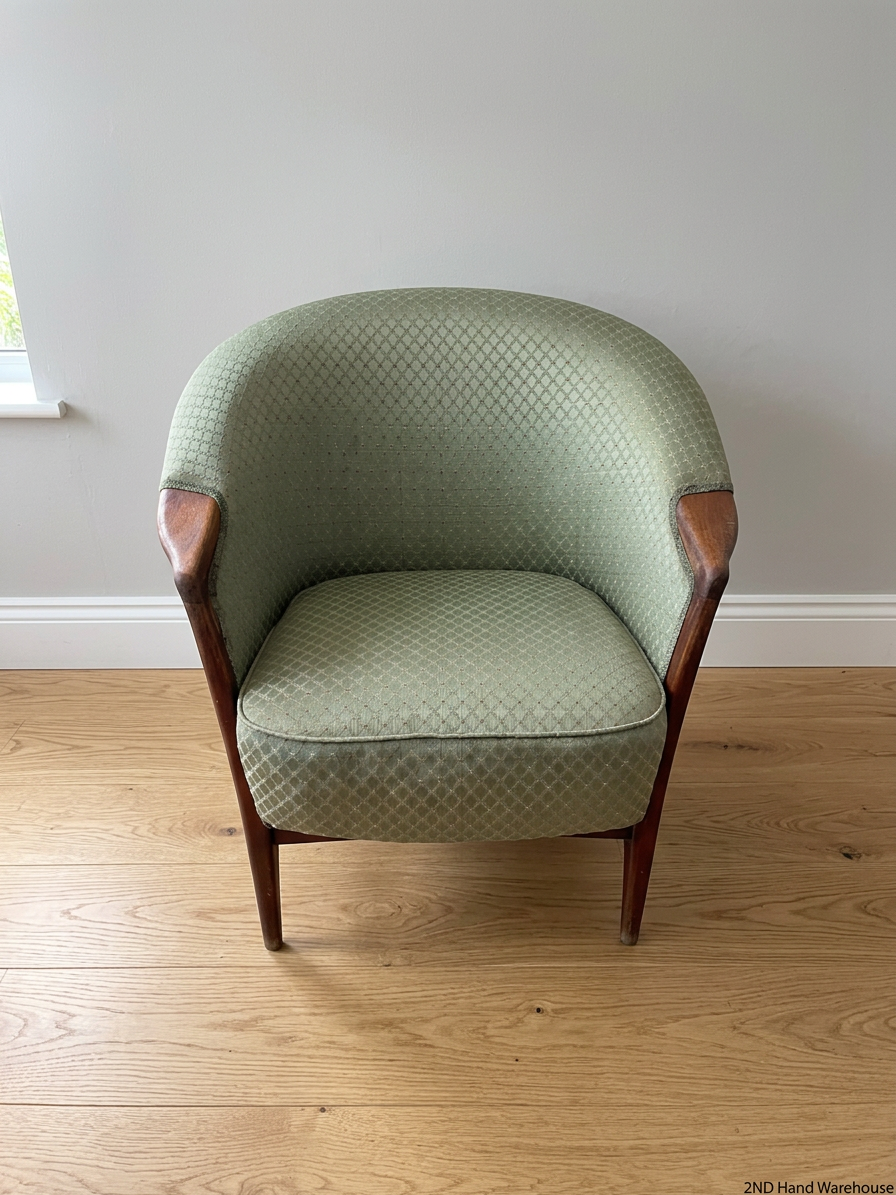 Vintage Green Patterned Tub Armchair with Wooden Frame — Good Condition Antique Suite