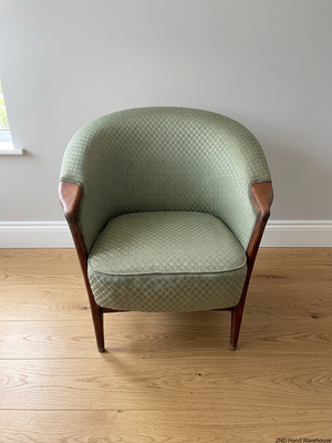 Vintage Green Patterned Tub Armchair with Wooden Frame — Good Condition Antique Suite