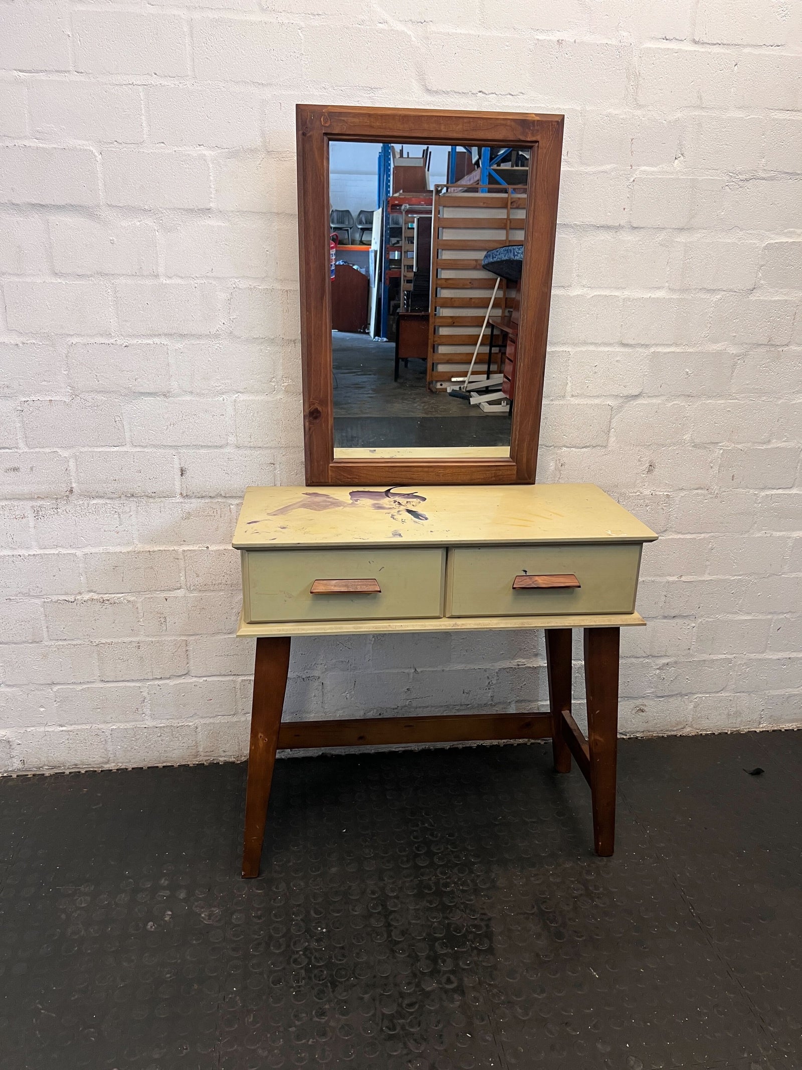Vintage Green Wooden Dressing Table with Mirror – Minor Wear