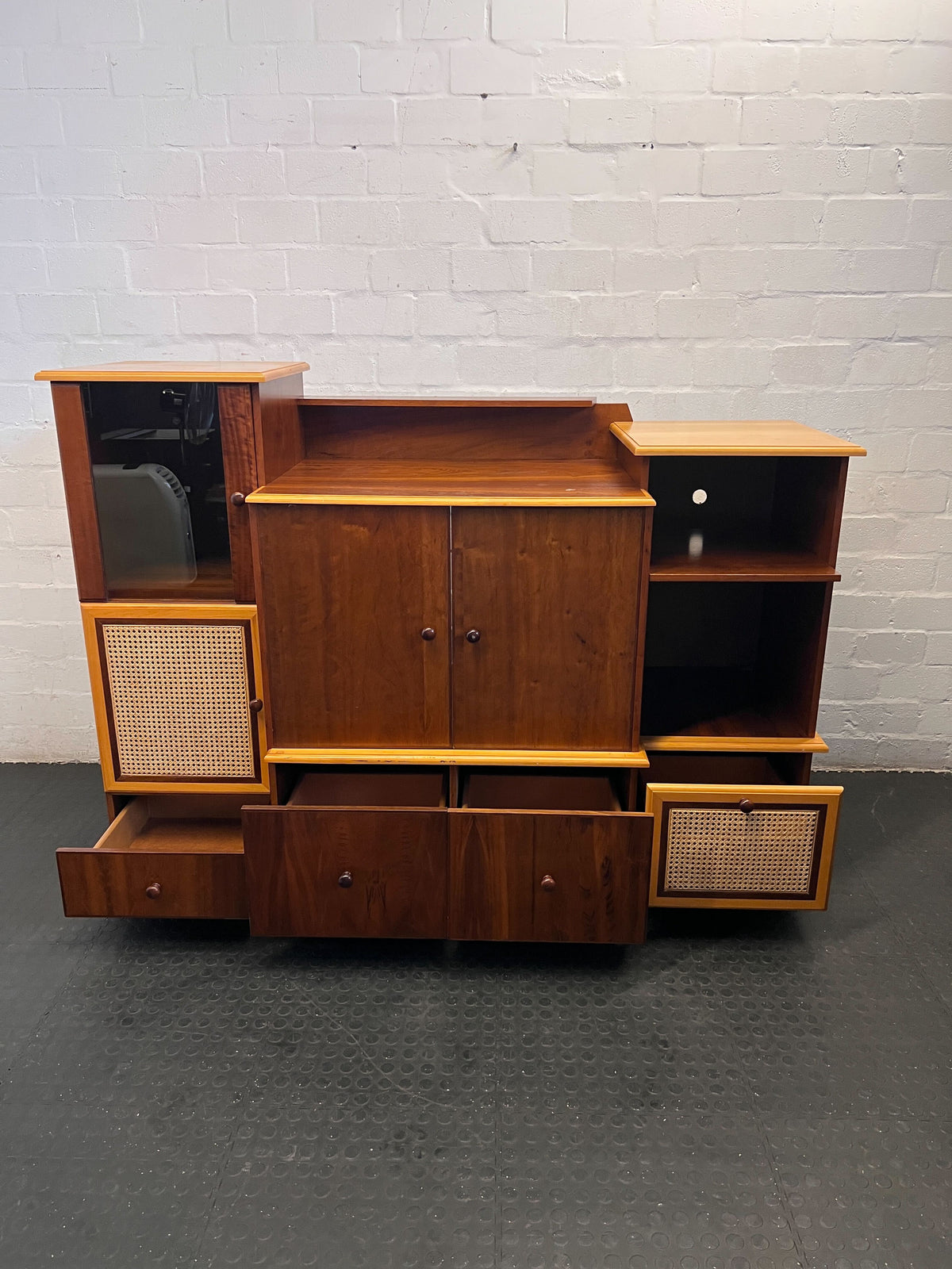 Vintage Mid-Century Style Wooden Entertainment & Storage Unit with Rattan Accents