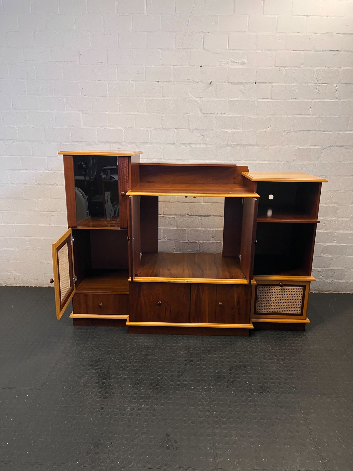 Vintage Mid-Century Style Wooden Entertainment & Storage Unit with Rattan Accents