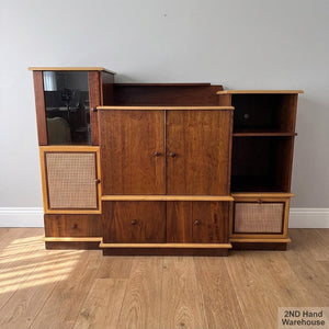 Vintage Mid-Century Style Wooden Entertainment & Storage Unit with Rattan Accents